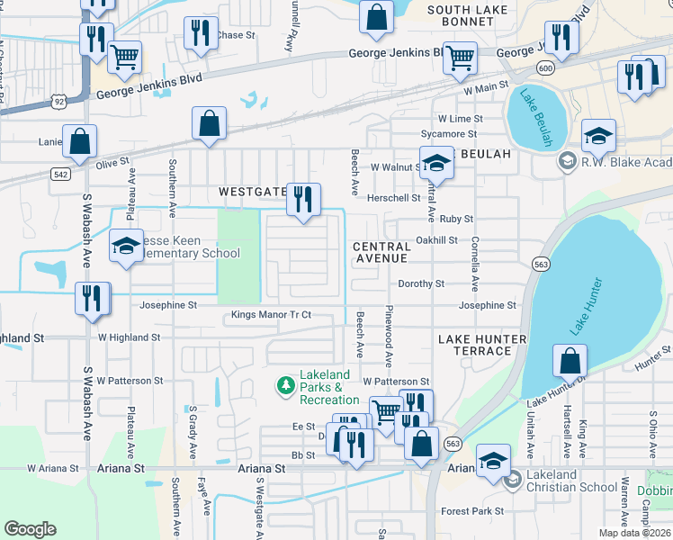 map of restaurants, bars, coffee shops, grocery stores, and more near 907 Corral Drive in Lakeland