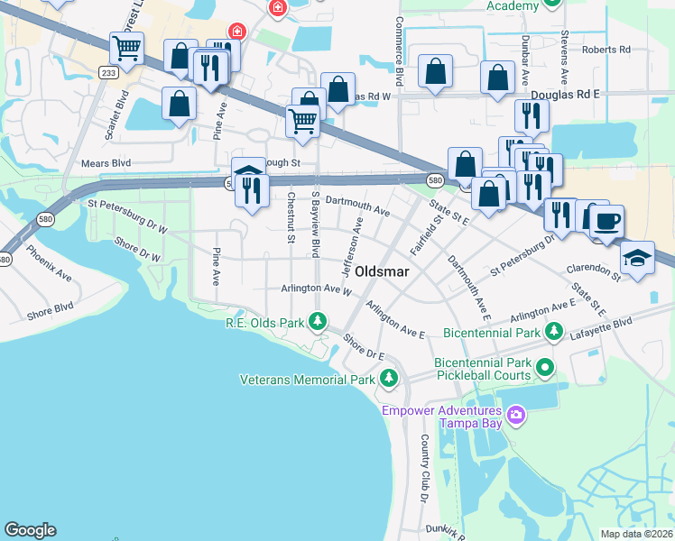 map of restaurants, bars, coffee shops, grocery stores, and more near 106 Arlington Avenue West in Oldsmar