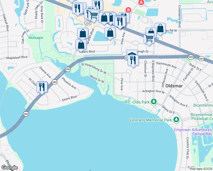 map of restaurants, bars, coffee shops, grocery stores, and more near 112 Brent Circle in Oldsmar