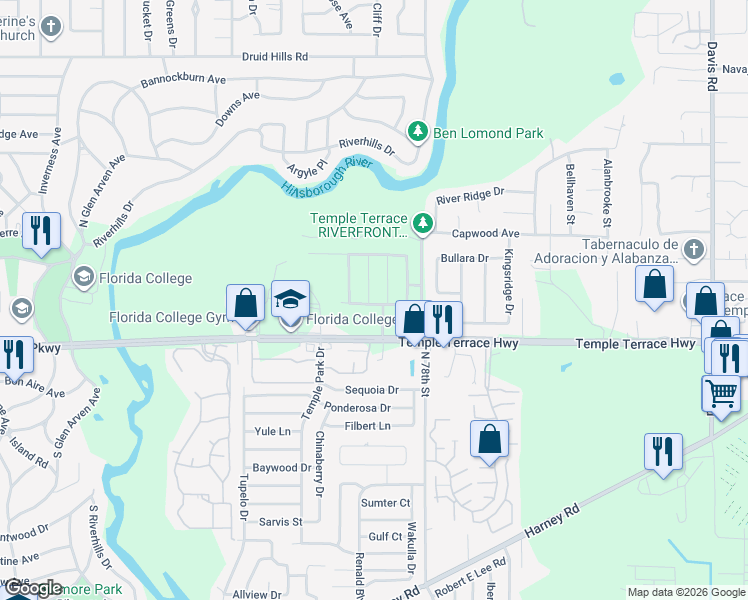 map of restaurants, bars, coffee shops, grocery stores, and more near 9201 Sapphire Creek Place in Tampa