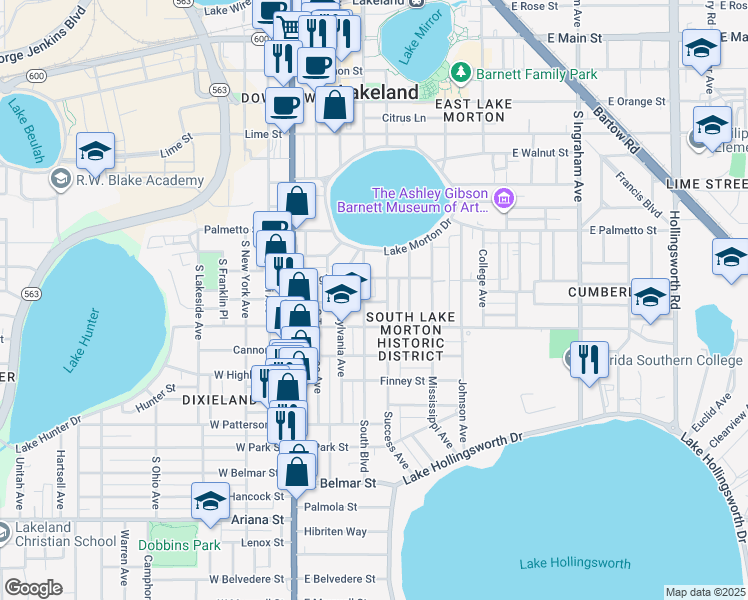 map of restaurants, bars, coffee shops, grocery stores, and more near 410 East Ridgewood Street in Lakeland