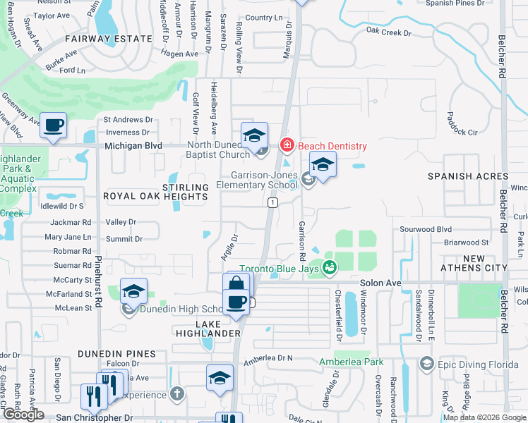 map of restaurants, bars, coffee shops, grocery stores, and more near 1599 Brae-Moor Lane in Dunedin