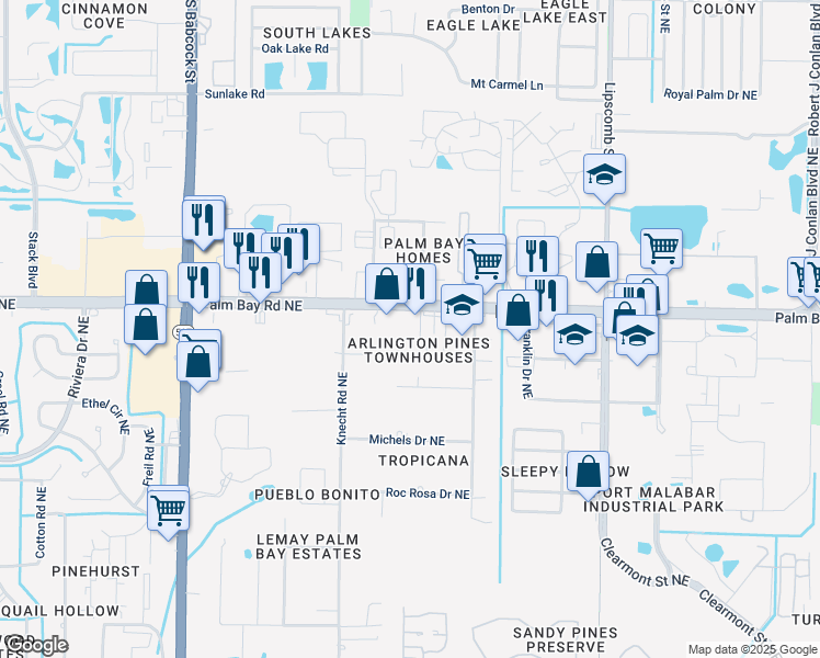map of restaurants, bars, coffee shops, grocery stores, and more near 1300 Arlington Lane Northeast in Palm Bay