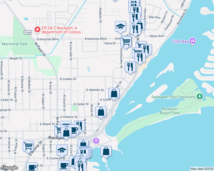 map of restaurants, bars, coffee shops, grocery stores, and more near 1022 Patton Street in Rockport