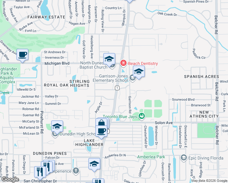map of restaurants, bars, coffee shops, grocery stores, and more near 1599 Brae-Moor Lane in Dunedin