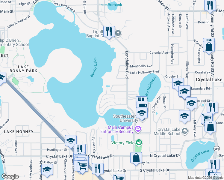 map of restaurants, bars, coffee shops, grocery stores, and more near 116 Bonny Shores Drive in Lakeland