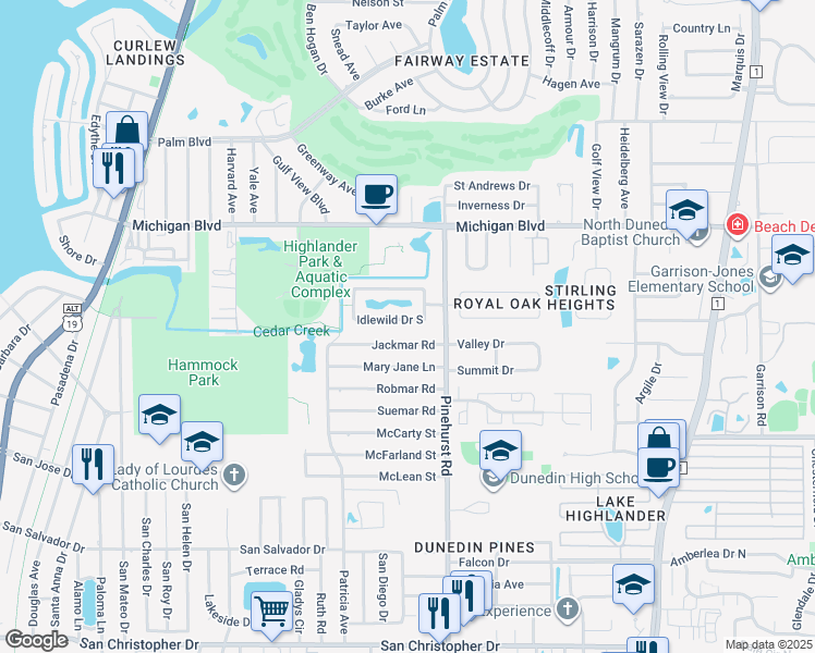 map of restaurants, bars, coffee shops, grocery stores, and more near 1150 Idlewild Drive South in Dunedin