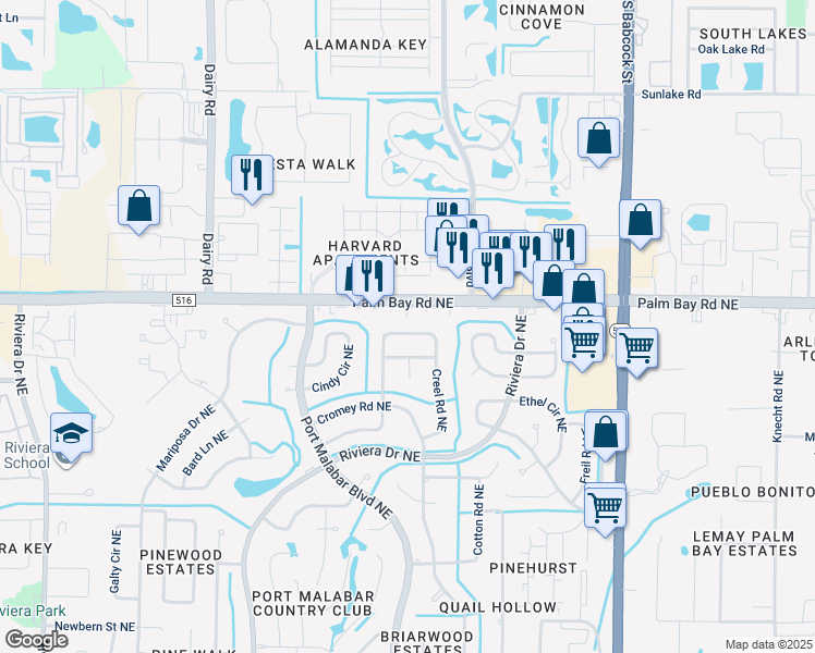 map of restaurants, bars, coffee shops, grocery stores, and more near 1400-1404 Palm Bay Road Northeast in Palm Bay