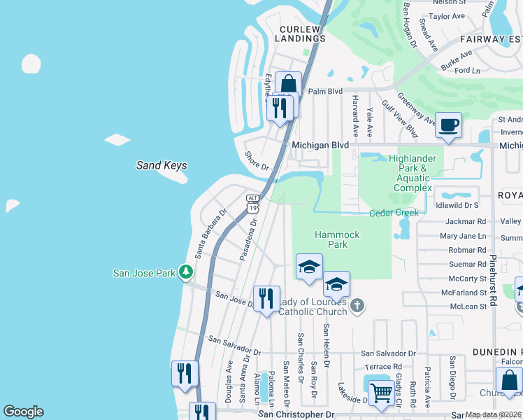 map of restaurants, bars, coffee shops, grocery stores, and more near 1853 Pasadena Drive in Dunedin