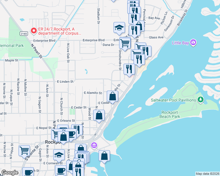 map of restaurants, bars, coffee shops, grocery stores, and more near 1120 Patton Street in Rockport