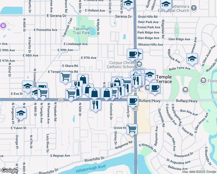 map of restaurants, bars, coffee shops, grocery stores, and more near 9227 North 52nd Street in Tampa