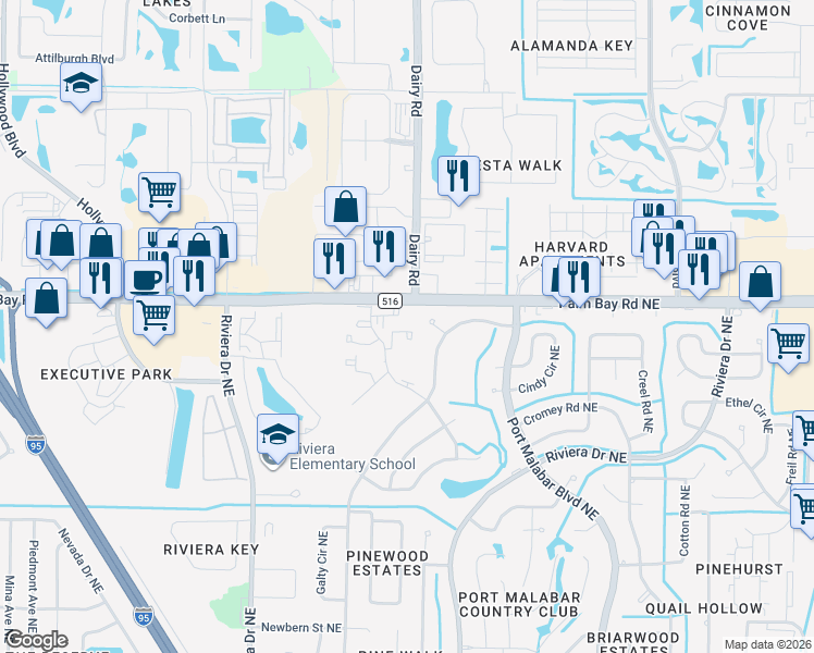 map of restaurants, bars, coffee shops, grocery stores, and more near 1481 Sheafe Avenue Northeast in Palm Bay