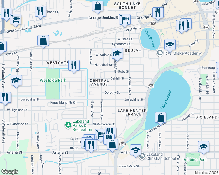 map of restaurants, bars, coffee shops, grocery stores, and more near 1218 West Marjorie Street in Lakeland