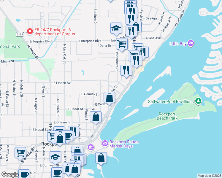 map of restaurants, bars, coffee shops, grocery stores, and more near 1522 Royal Avenue in Rockport