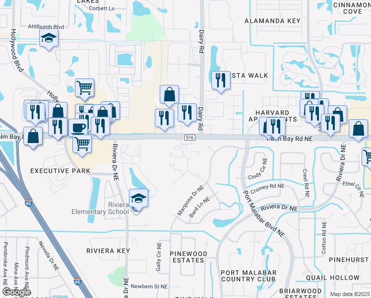 map of restaurants, bars, coffee shops, grocery stores, and more near 1451 Sheafe Avenue Northeast in Palm Bay