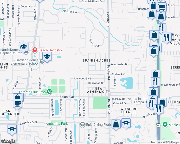 map of restaurants, bars, coffee shops, grocery stores, and more near 2175 Santa Paula Drive in Dunedin