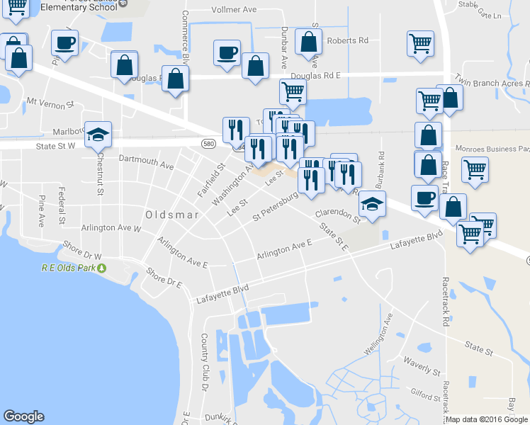 map of restaurants, bars, coffee shops, grocery stores, and more near 504 St Petersburg Dr E in Oldsmar