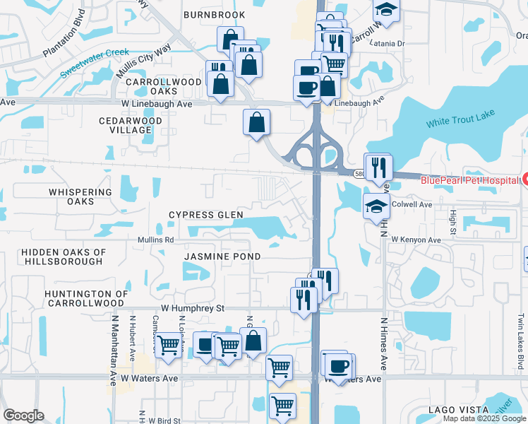 map of restaurants, bars, coffee shops, grocery stores, and more near 9116 Lazy Lane in Tampa
