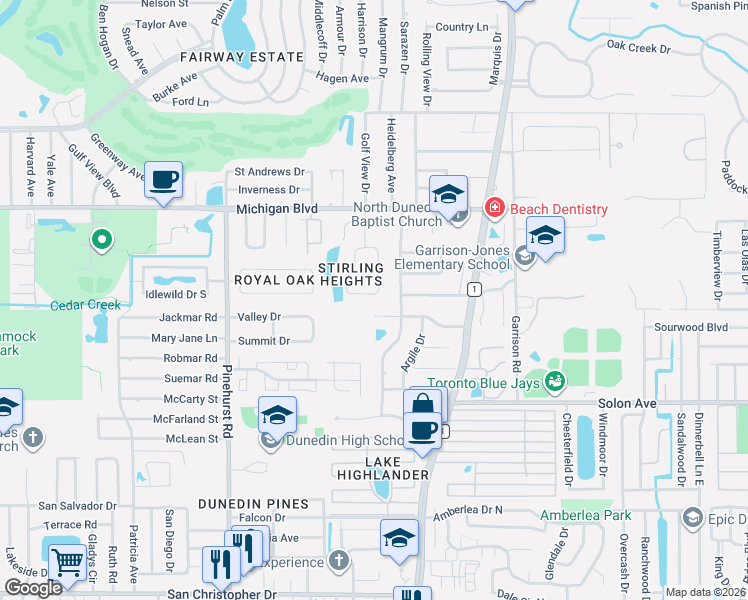 map of restaurants, bars, coffee shops, grocery stores, and more near 1924 Dunloe Circle in Dunedin