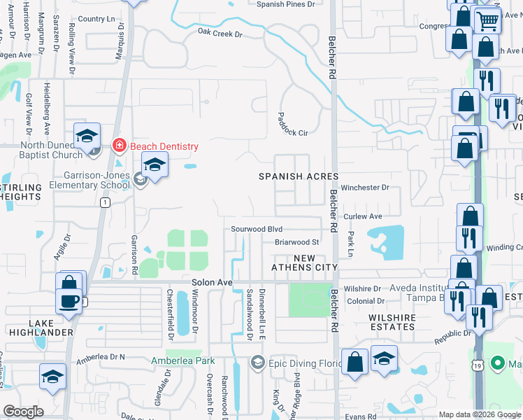 map of restaurants, bars, coffee shops, grocery stores, and more near 1667 Hobbit Road in Dunedin