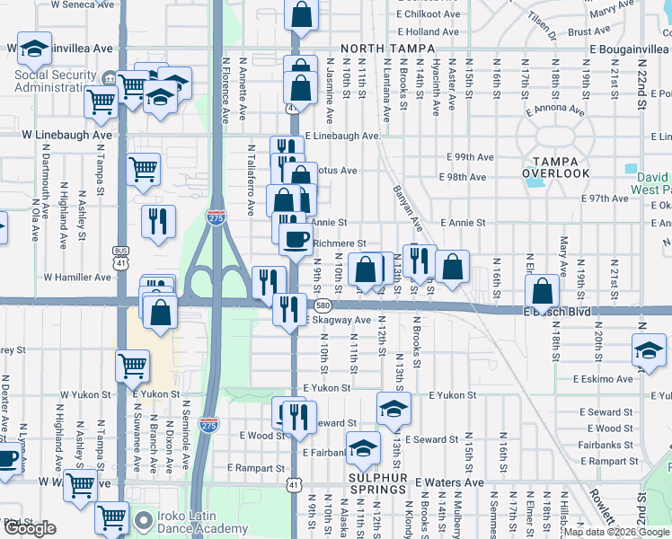 map of restaurants, bars, coffee shops, grocery stores, and more near 923 East Wilma Street in Tampa