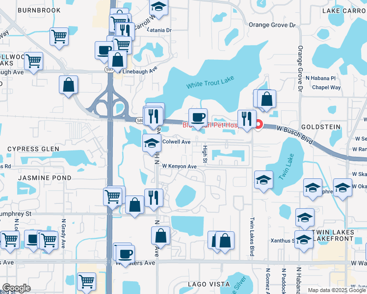 map of restaurants, bars, coffee shops, grocery stores, and more near 8710 Sleepy Oak Place in Tampa