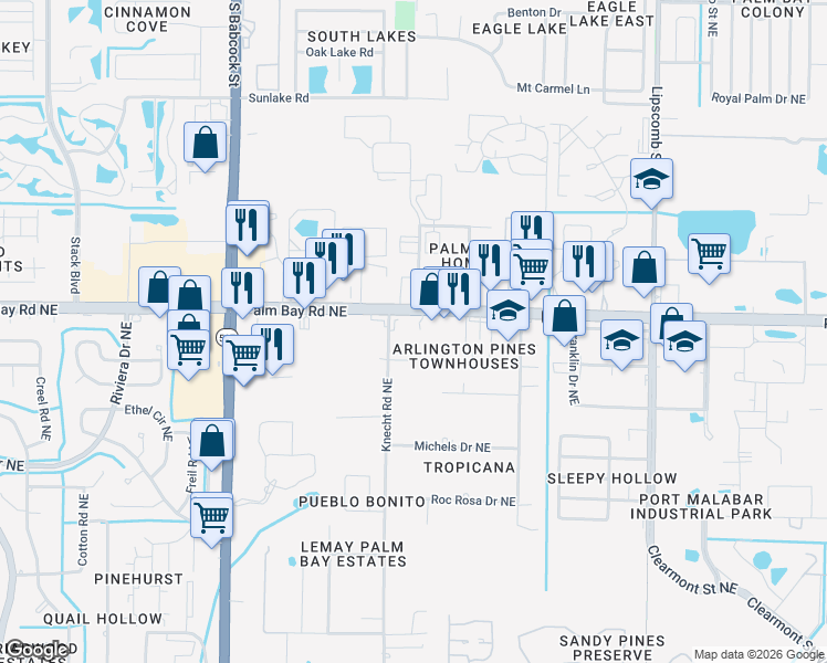 map of restaurants, bars, coffee shops, grocery stores, and more near 1113 Pinewood Drive Northeast in Palm Bay