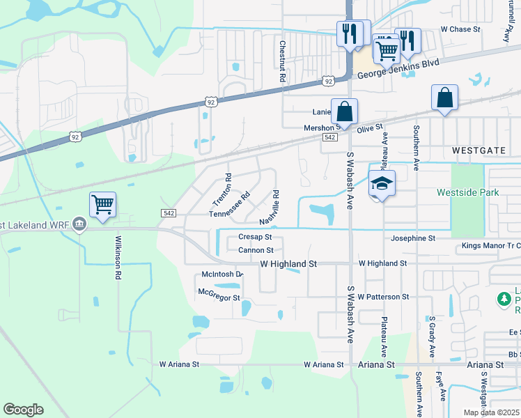 map of restaurants, bars, coffee shops, grocery stores, and more near 730 Tennessee Road in Lakeland