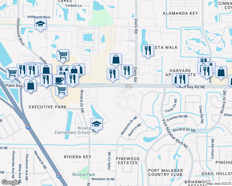 map of restaurants, bars, coffee shops, grocery stores, and more near 1470 Sheafe Avenue Northeast in Palm Bay