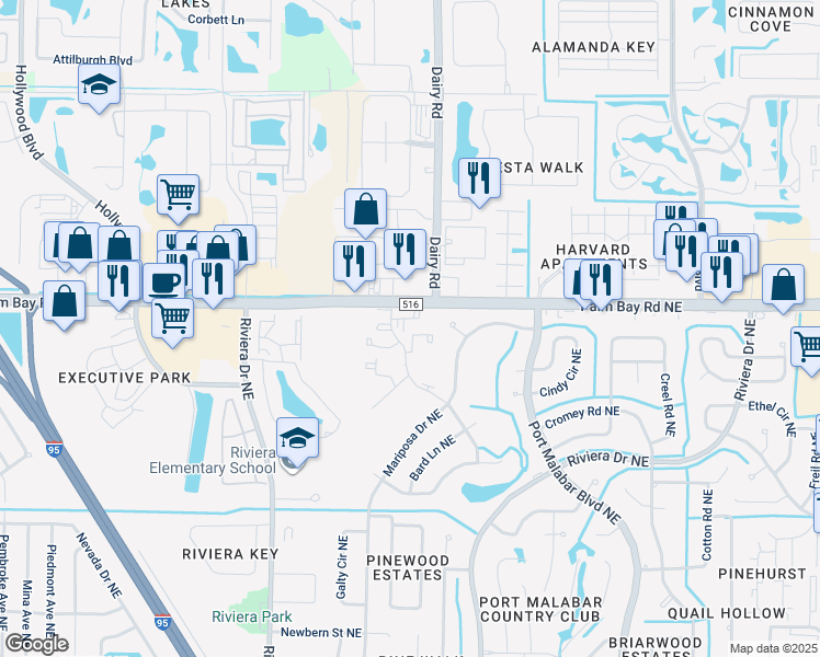 map of restaurants, bars, coffee shops, grocery stores, and more near 1481 Sheafe Avenue Northeast in Palm Bay