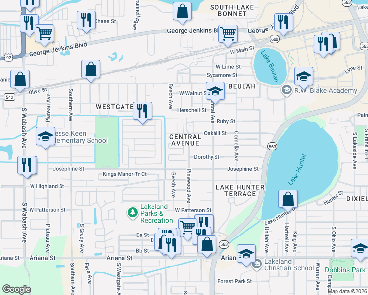 map of restaurants, bars, coffee shops, grocery stores, and more near 139 Smithwood Drive in Lakeland