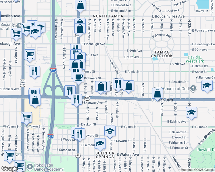 map of restaurants, bars, coffee shops, grocery stores, and more near 9404 North 12th Street in Tampa
