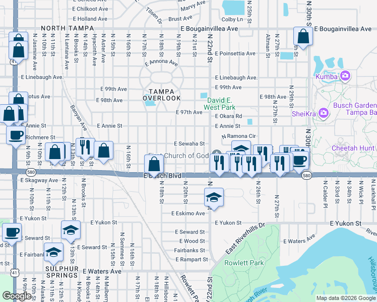 map of restaurants, bars, coffee shops, grocery stores, and more near 9402 North 20th Street in Tampa