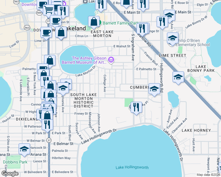 map of restaurants, bars, coffee shops, grocery stores, and more near 752 South Rushing Avenue in Lakeland