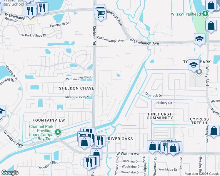 map of restaurants, bars, coffee shops, grocery stores, and more near 9607 Sheldonwood Lane in Tampa