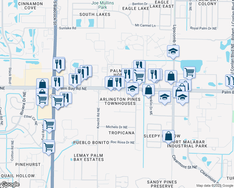 map of restaurants, bars, coffee shops, grocery stores, and more near 2040 Palm Bay Road Northeast in Palm Bay