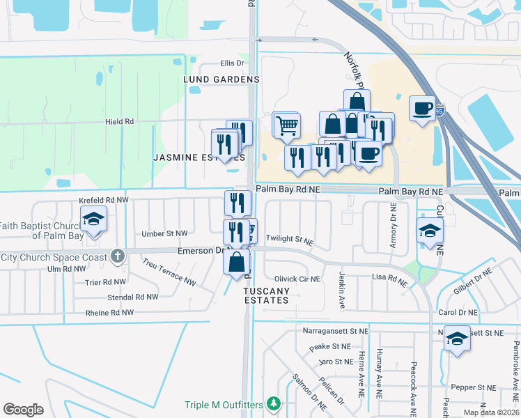 map of restaurants, bars, coffee shops, grocery stores, and more near in Palm Bay