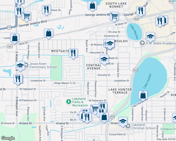 map of restaurants, bars, coffee shops, grocery stores, and more near 120 Smithwood Drive in Lakeland