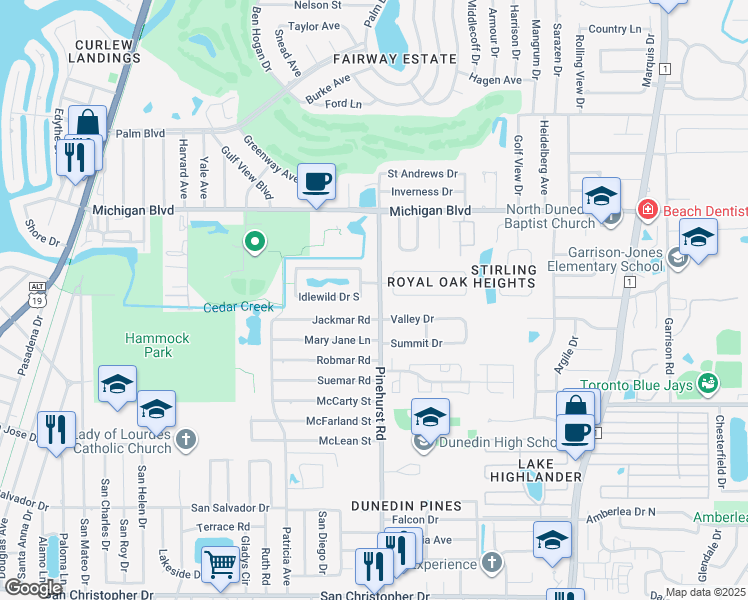 map of restaurants, bars, coffee shops, grocery stores, and more near 1822 Pinehurst Road in Dunedin