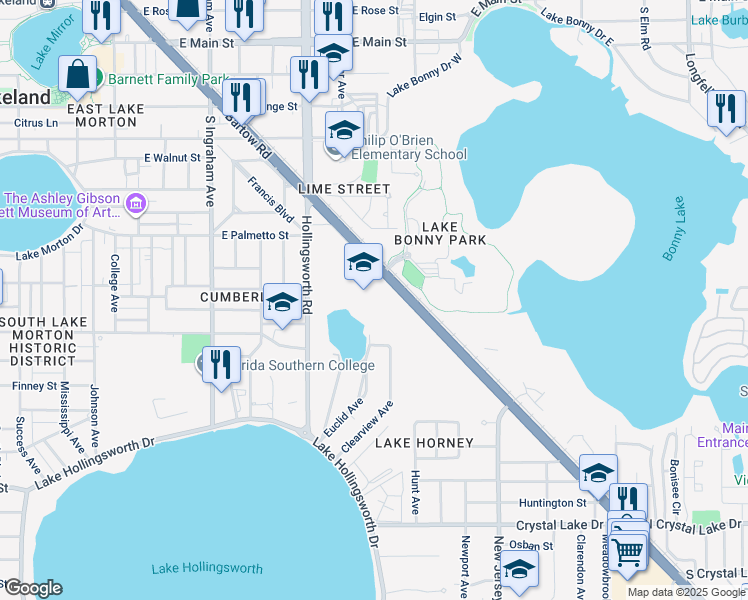 map of restaurants, bars, coffee shops, grocery stores, and more near 726 Hollingsworth Road in Lakeland