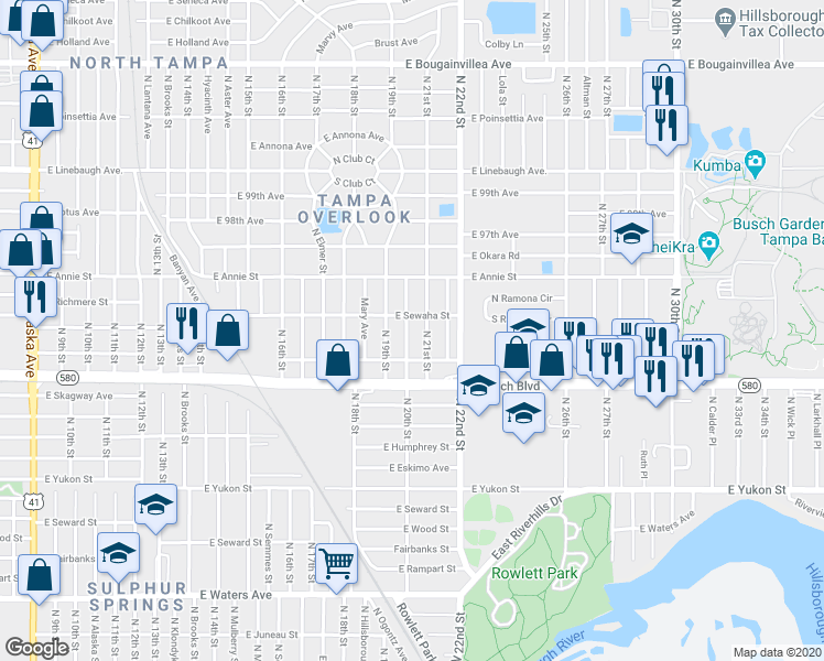 map of restaurants, bars, coffee shops, grocery stores, and more near 9402 North 20th Street in Tampa