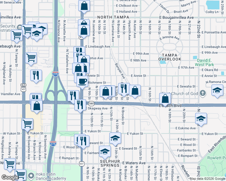 map of restaurants, bars, coffee shops, grocery stores, and more near 9404 North 12th Street in Tampa