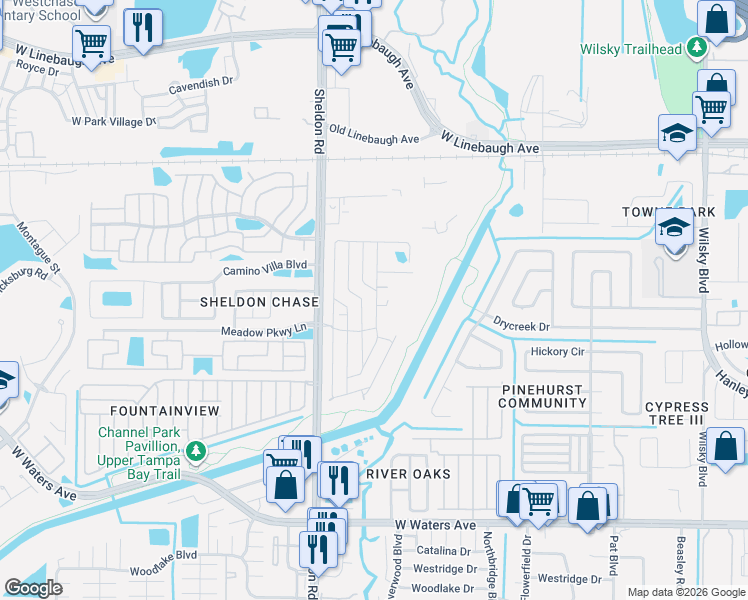 map of restaurants, bars, coffee shops, grocery stores, and more near 9607 Sheldonwood Lane in Tampa