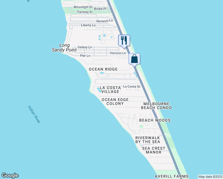 map of restaurants, bars, coffee shops, grocery stores, and more near 310 Meridian Lane in Melbourne Beach