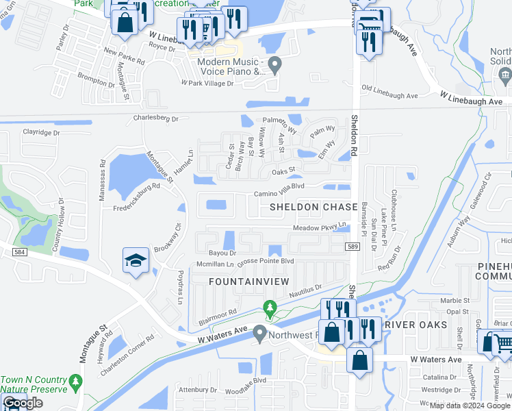 map of restaurants, bars, coffee shops, grocery stores, and more near 9010 Dacena Villa Place in Tampa