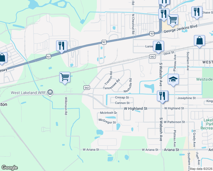 map of restaurants, bars, coffee shops, grocery stores, and more near 722 Trenton Road in Lakeland