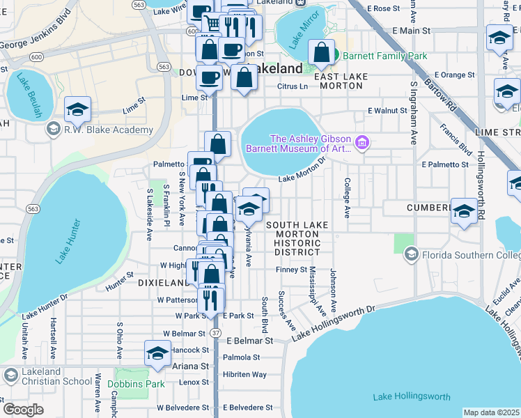 map of restaurants, bars, coffee shops, grocery stores, and more near 802 South Boulevard in Lakeland