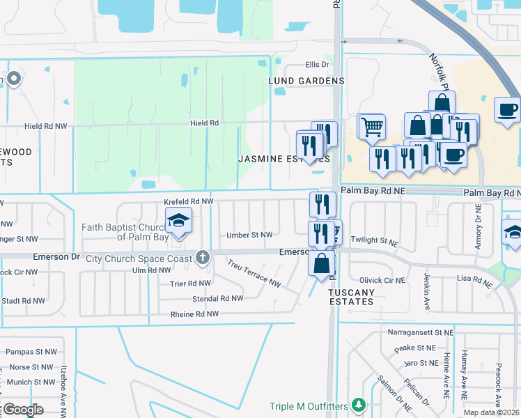 map of restaurants, bars, coffee shops, grocery stores, and more near 263 Krefeld Road Northwest in Palm Bay
