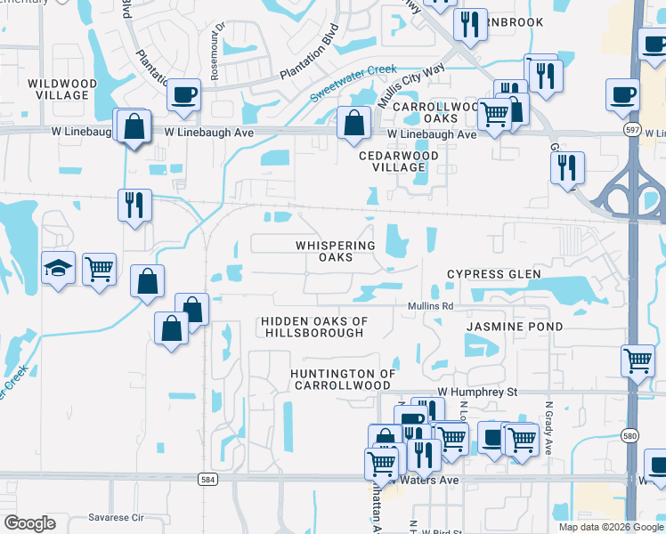 map of restaurants, bars, coffee shops, grocery stores, and more near 4624 Whispering Wind Avenue in Tampa