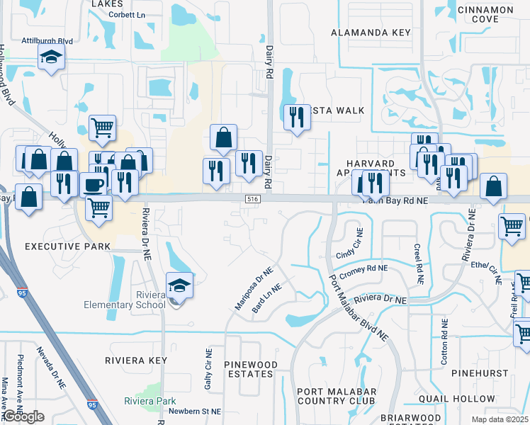 map of restaurants, bars, coffee shops, grocery stores, and more near 1471 Sheafe Avenue Northeast in Palm Bay